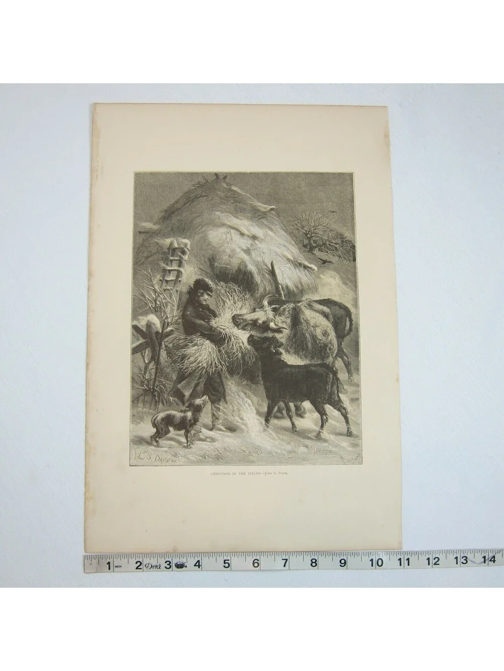 Antique 1873 Wood Engraving Print Christmas in the Fields, John S. Davis, Aldine